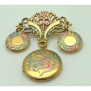 Victorian Revival Dangling Triple Picture Locket Brooch Pin Gold Tone Floral